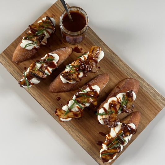 Whipped Ricotta & Char Siu Mushroom Crostinis