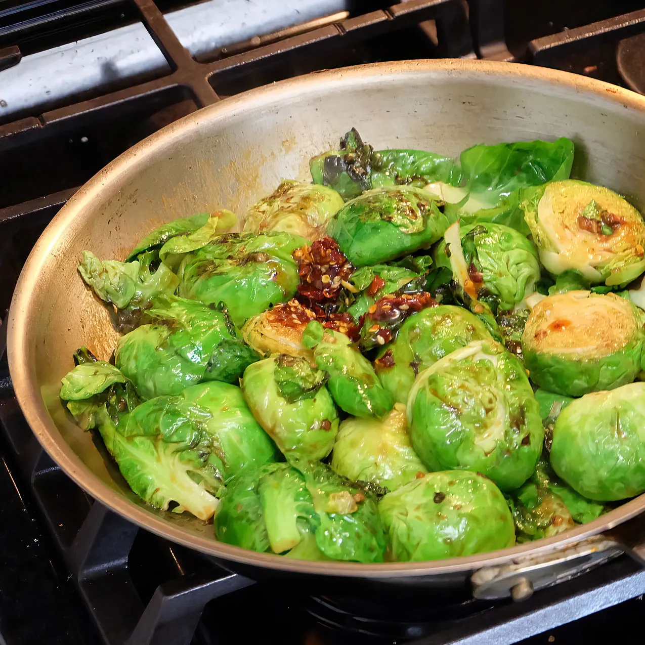 Brussel Sprouts with Char Siu and Chili Crisp